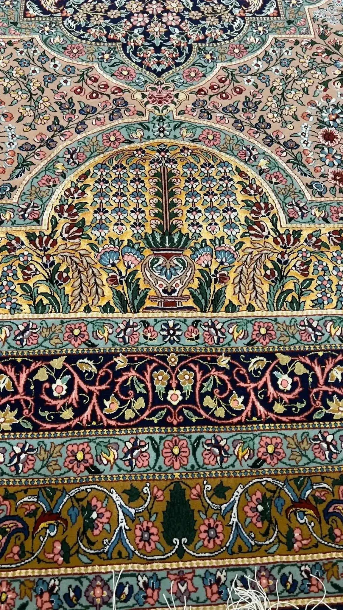 Samavie Rug's Floral and Geometric Patterns – A detailed shot capturing both floral and geometric patterns that dominate the Samavie Persian rug, demonstrating the high knot density and expert craftsmanship of the weavers from Isfahan, Iran.